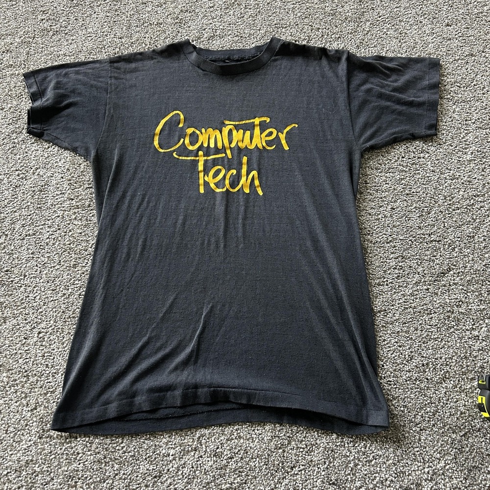 Vintage 80s Computer Tech T Shirt Mens Medium Black Graphic Technology Tee Nerd